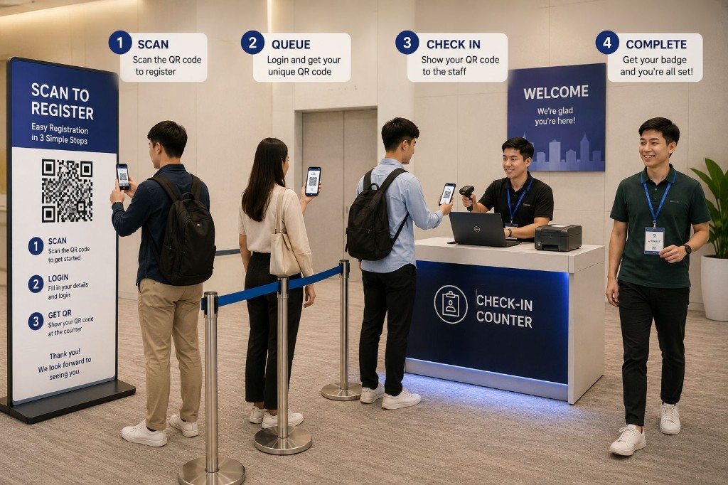 Four-step event journey: scan QR to register, queue with unique QR code, check in at the counter, and complete with badge